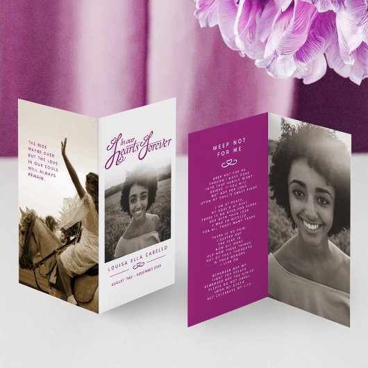 私たちのハート永遠に紫の写真詩のカードを葬儀