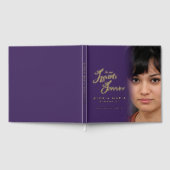 私たちのハート永遠に葬儀の写真の紫色の金ゴールド ゲストブック (全面)