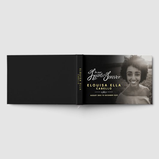 私たちのハート永遠に葬儀の写真の黒金ゴールド ゲストブック (全面)