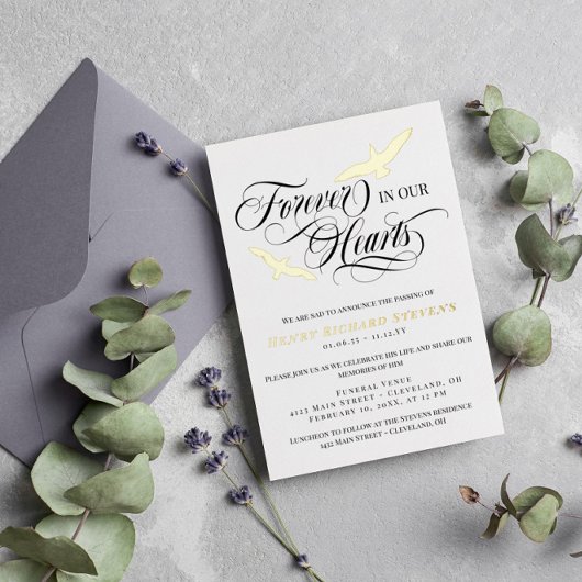 私たちのハート葬儀で永遠に金箔の鳥 箔招待状