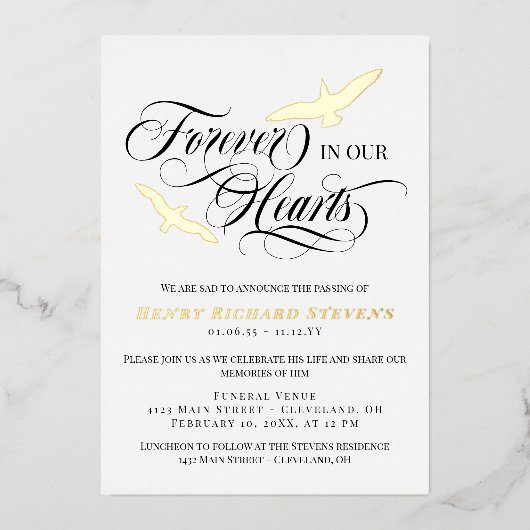 私たちのハート葬儀で永遠に金箔の鳥 箔招待状 (正面)