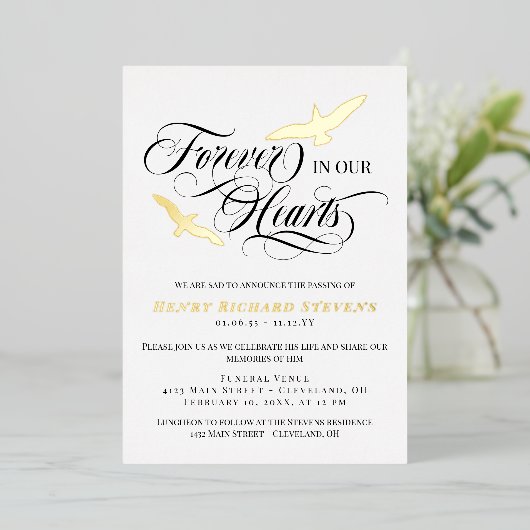 私たちのハート葬儀で永遠に金箔の鳥 箔招待状 (立ち正面)
