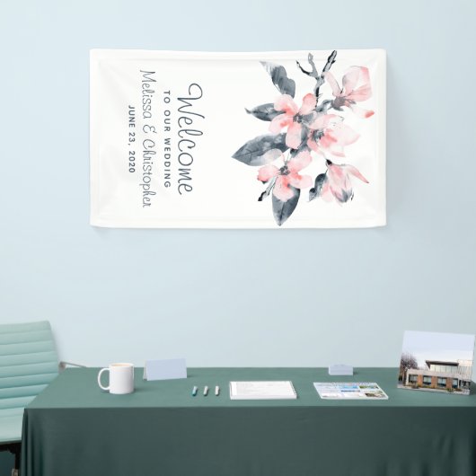 私たちのピンク結婚とグレーの花の上品へようこそ 横断幕 (トレードショー)