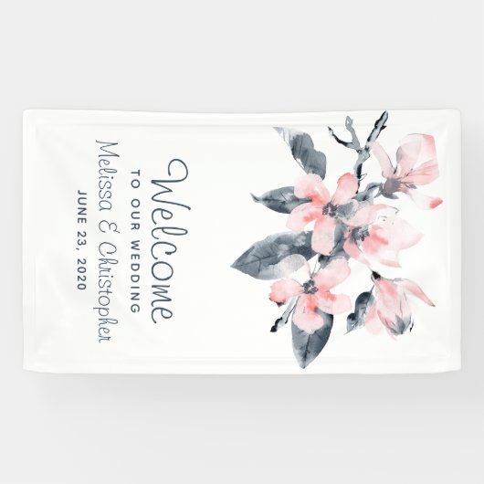 私たちのピンク結婚とグレーの花の上品へようこそ 横断幕 (横)