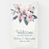 私たちのピンク結婚とグレーの花の上品へようこそ 横断幕 (縦)