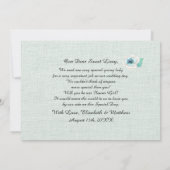 私たちのフラワーガールになってくれますか？ ミント フラワーバージョンの麻の布 招待状 (裏面)