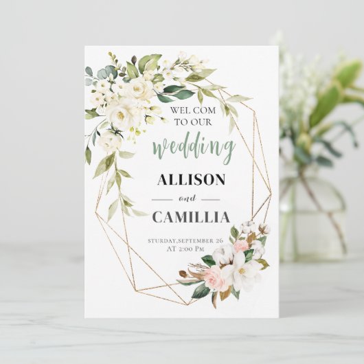 私たちのフローラ結婚ピンクの幾何学記号へようこそ 招待状 (スタンド正面)