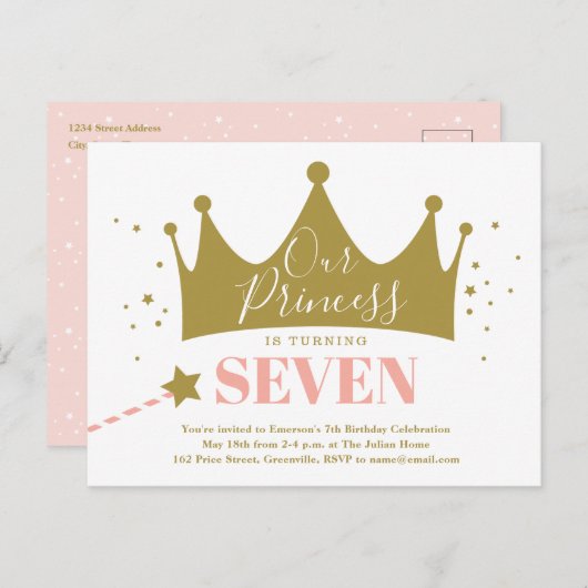 私たちのプリンセスピンク金ゴールド誕生日パーティーへの招待 ポストカード (正面/裏面)