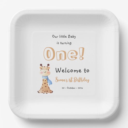 私たちのベビーは可愛いキリン1歳の誕生日を迎える ペーパープレート (正面)