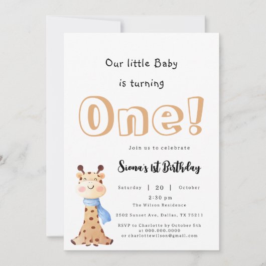 私たちのベビーは可愛いキリン1歳の誕生日を迎える 招待状 (正面)