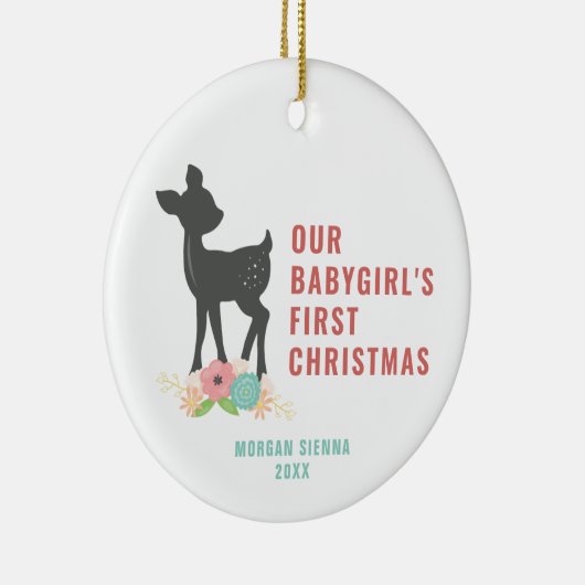 私たちのベビーガールの初めてのクリスマスパーソナライズされた鹿 セラミックオーナメント (右)