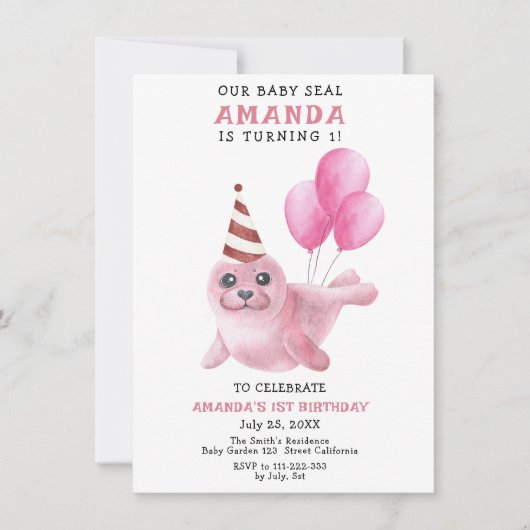 私たちのベビーシール1stバースデーピンクガールパーティー 招待状 (正面)