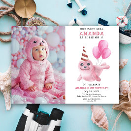 私たちのベビーシール1stバースデーピンクガールパーティー 招待状
