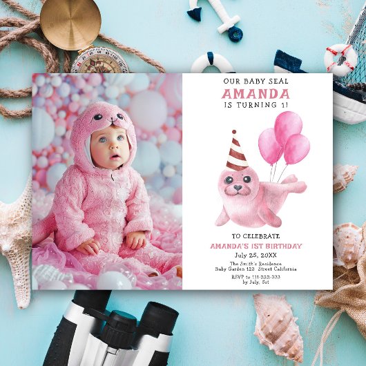 私たちのベビーシール1stバースデーピンクガールパーティー 招待状