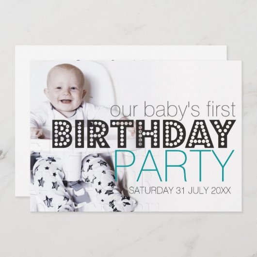私たちのベビースタイリッシュティール（緑がかった色）誕生日パーティーの招待 招待状 (正面/裏面)