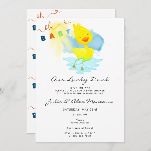 私たちのラッキーアヒルかわいい赤ちゃんシャワーパーティー水色 招待状 (正面/裏面)