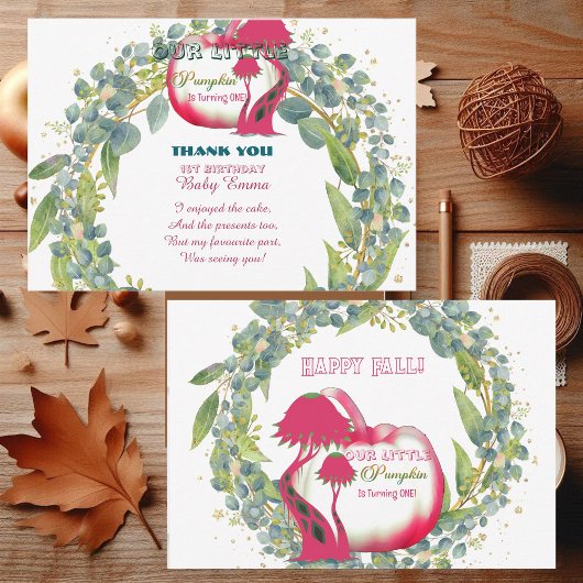 私たちのリトルカボキンピンク1stバースデーグリーンリース サンキューカード