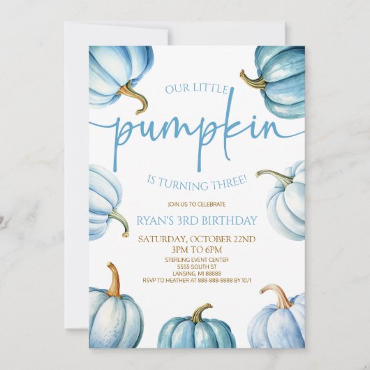 私たちのリトルカボキンブルーホワイト秋誕生日パーティー 招待状 (正面)