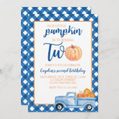 私たちのリトルカボチャは、2つの青トラックの2番目の誕生日 招待状 (正面/裏面)