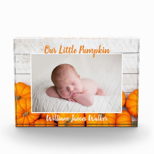 私たちのリトルカボチャカスタムかわいい秋生まれたばかりのベビー フォトブロック (正面)