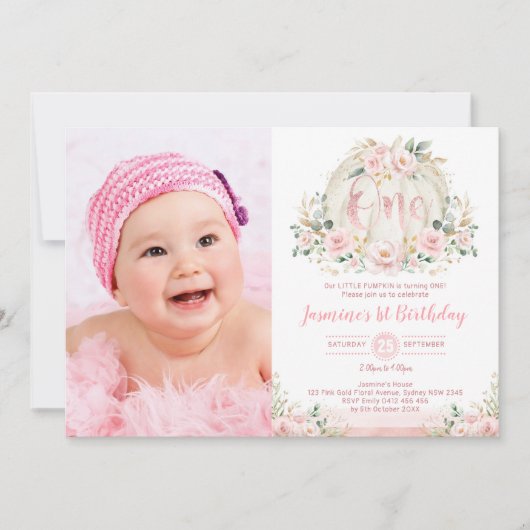 私たちのリトルカボチャバラ金ゴールド赤面フローラ誕生日 招待状 (正面)