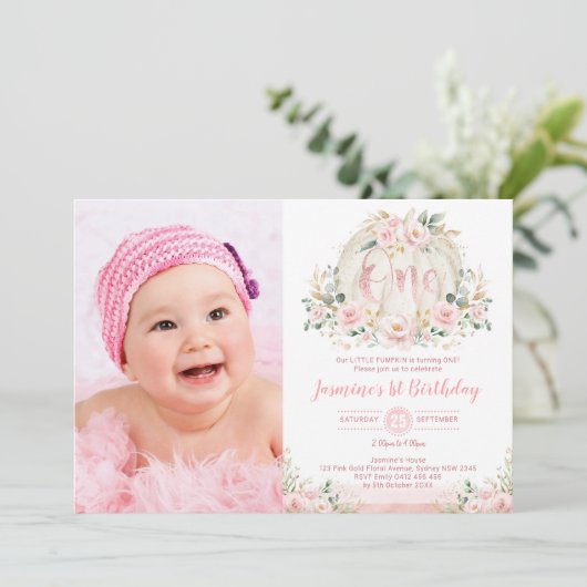 私たちのリトルカボチャバラ金ゴールド赤面フローラ誕生日 招待状 (スタンド正面)