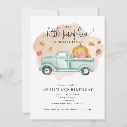 私たちのリトルカボチャ秋ファームトラック誕生日 招待状 (正面)