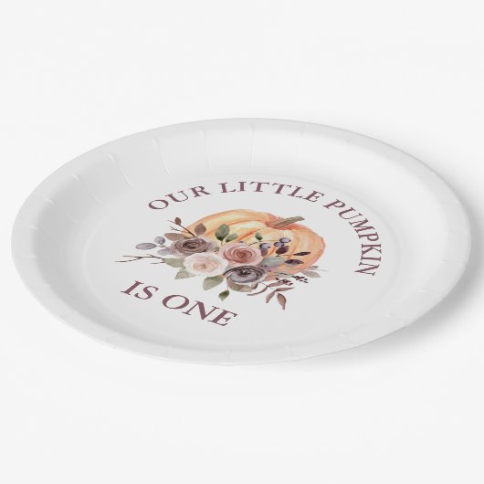 私たちのリトルカボチャ秋フローラの最初の誕生日 ペーパープレート (アングル)