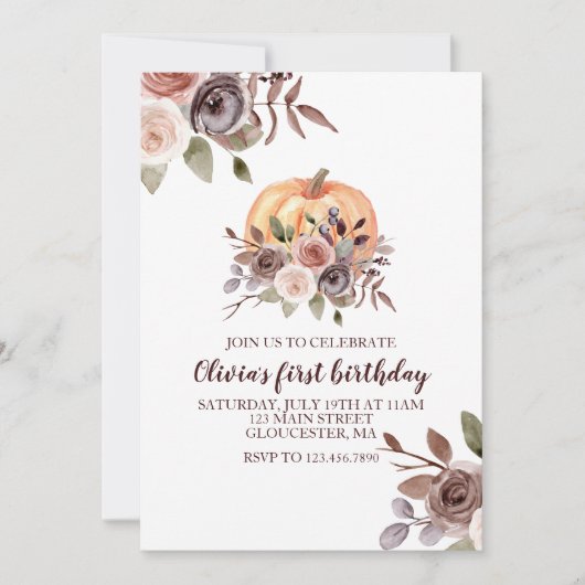 私たちのリトルカボチャ秋フローラの最初の誕生日 招待状 (正面)