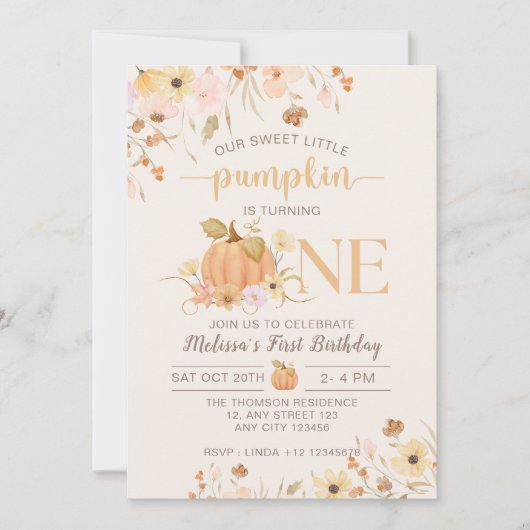私たちのリトルカボチャ秋フローラカボチャ誕生日 招待状 (正面)