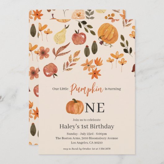 私たちのリトルカボチャ秋ベビー1st誕生日 招待状 (正面/裏面)