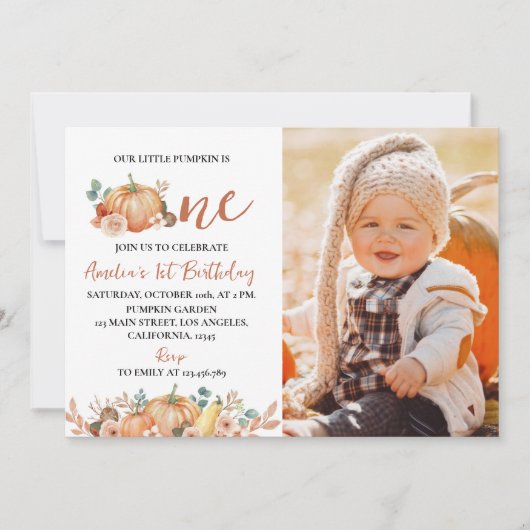 私たちのリトルカボチャ1stバースデーフォト招待状 サンキューカード (正面)