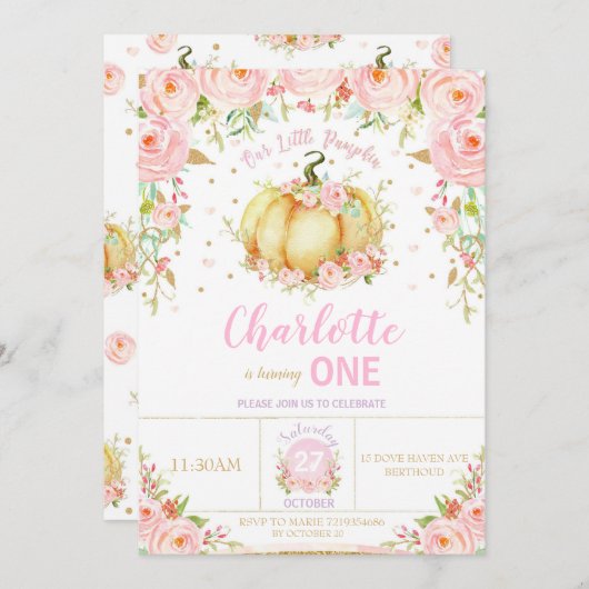 私たちのリトルカボチャ1st最初の誕生日ガールフローラ 招待状 (正面/裏面)