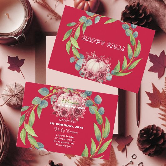 私たちのリトルカボチャ1st誕生日グリーンリースピンク サンキューカード