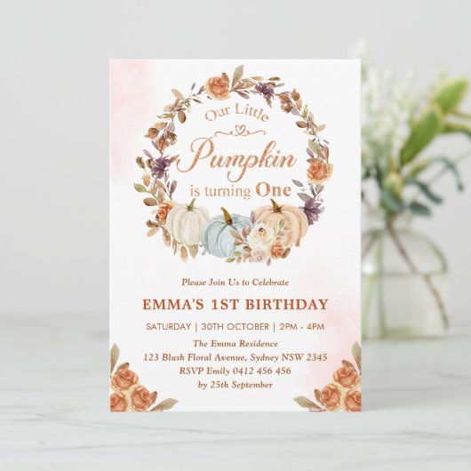 私たちのリトルカボチャ1st誕生日金ゴールドフローラパーティー 招待状 (スタンド正面)