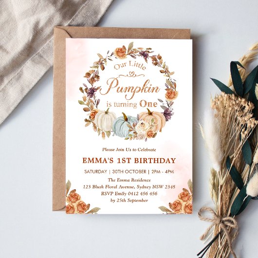 私たちのリトルカボチャ1st誕生日金ゴールドフローラパーティー 招待状