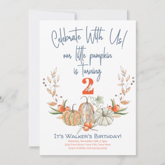 私たちのリトルカボプキンセカンド誕生日ブルー招待状 招待状 (正面)