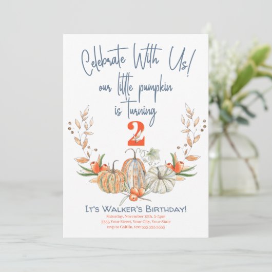 私たちのリトルカボプキンセカンド誕生日ブルー招待状 招待状 (スタンド正面)