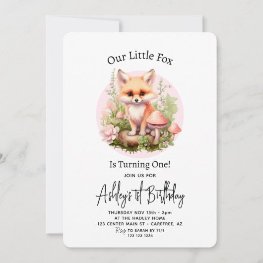 私たちのリトルキツネコテージコアスクリプト1st誕生日 招待状 (正面)
