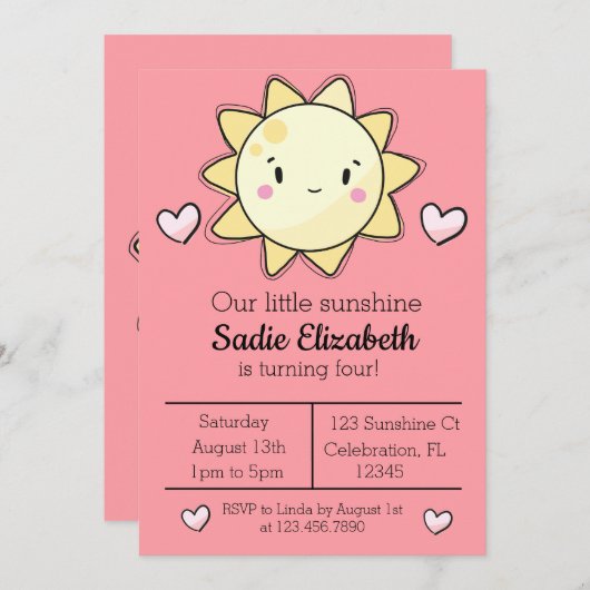 私たちのリトルサンシャインガールズピンク誕生日招待状 招待状 (正面/裏面)