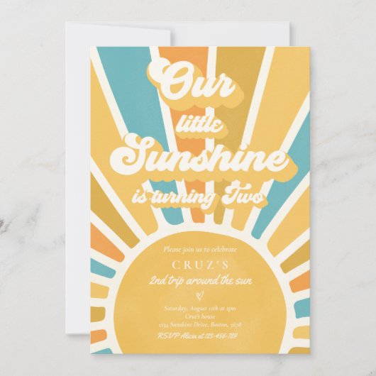 私たちのリトルサンシャイン2nd誕生日パーティーレトロブルー 招待状 (正面)