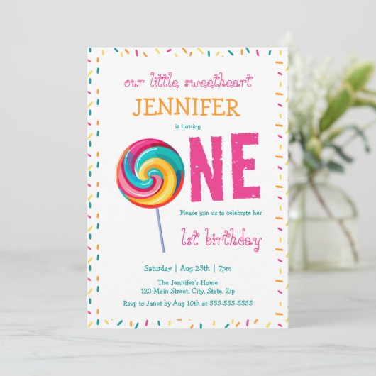 私たちのリトルスウィートアート棒つきキャンデー1st誕生日 招待状 (スタンド正面)