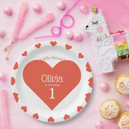 私たちのリトルスウィートファースト誕生日赤いハート ペーパープレート (パーティー)