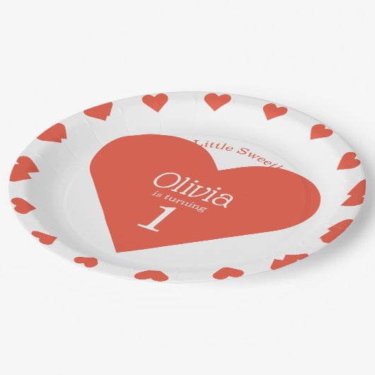 私たちのリトルスウィートファースト誕生日赤いハート ペーパープレート (アングル)