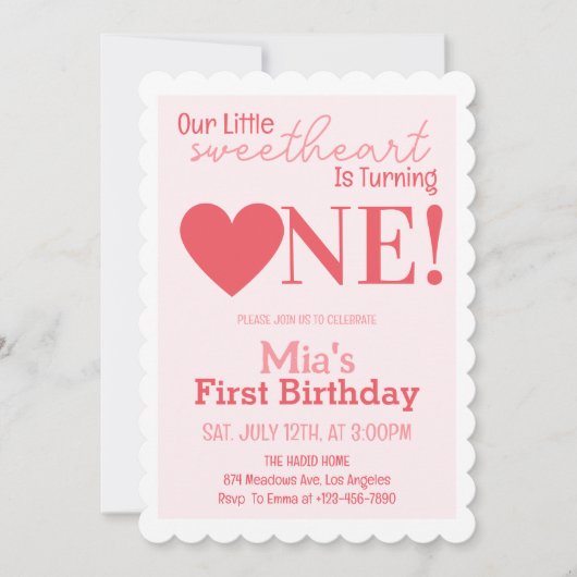 私たちのリトルスウィートファースト1歳の誕生日パーティー 招待状 (正面)