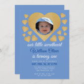 私たちのリトルスウィートボーイブルー金ゴールドハート誕生日 招待状 (正面/裏面)