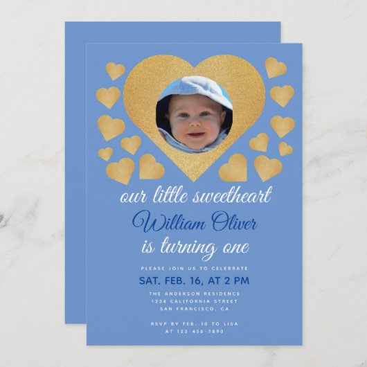 私たちのリトルスウィートボーイブルー金ゴールドハート誕生日 招待状 (正面/裏面)