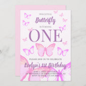 私たちのリトルバタフライガールズパステルピンク誕生日 招待状 (正面/裏面)