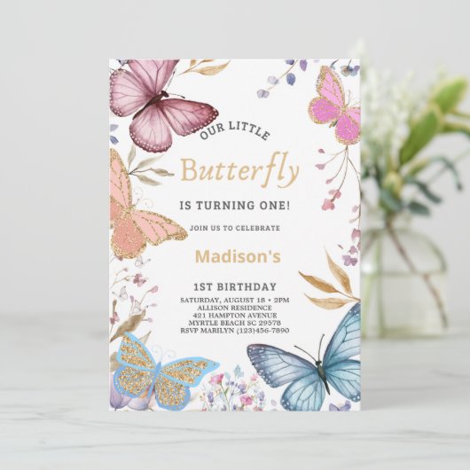 私たちのリトルバタフライファースト誕生日招待状 招待状 (スタンド正面)