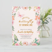 私たちのリトルバタフライフローラピンクの女の子1st誕生日 招待状 (スタンド正面)